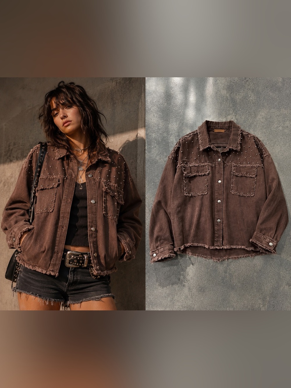 Umgee Studded Frayed Western Denim Jacket Oversized‎ Boxy Brown M Boho Cowgirl